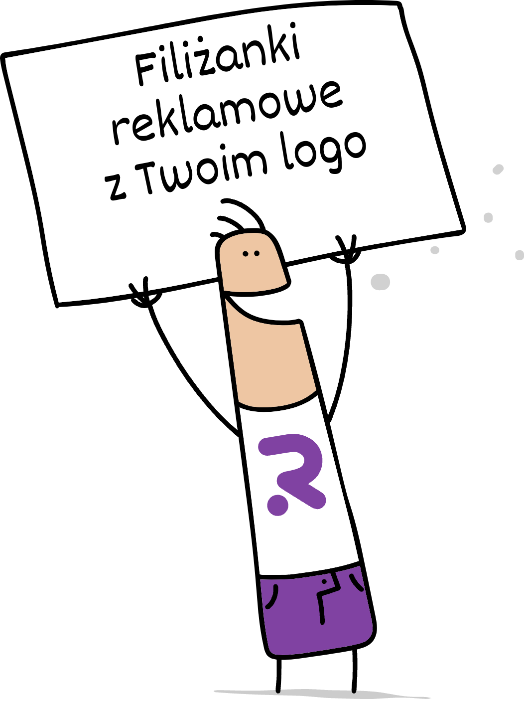 Buddy trzymający napis filizanki reklamowe z Twoim logo